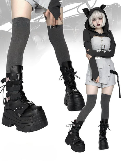 Matte Black Punk Stud Bandage Lace-up Details Platform Boots