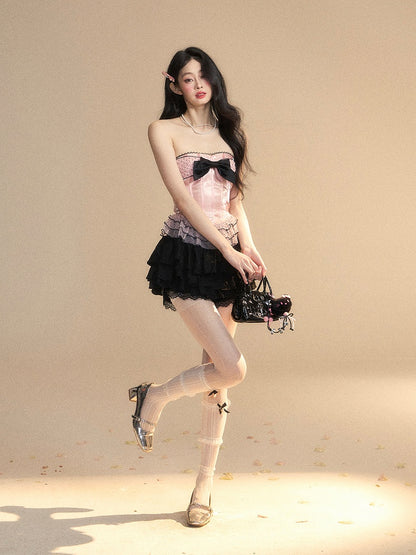 Strapless Top Pattern Pink Layered Lace Mesh Big Bow Ruffled Polka-Dot Trim