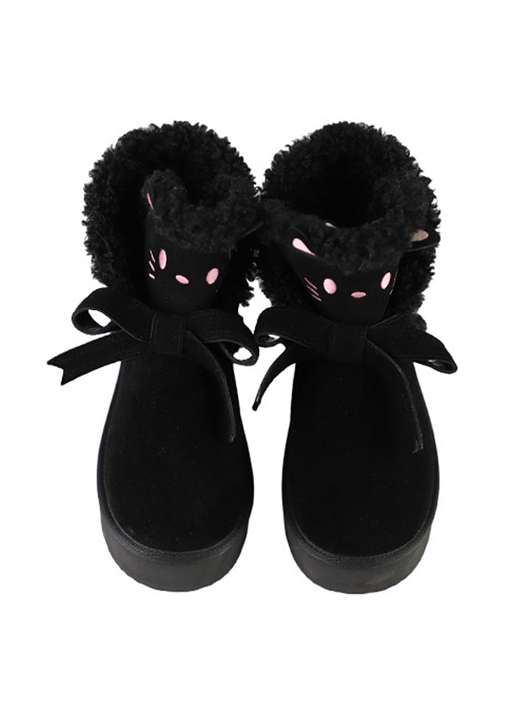 Black Kitty Bow Accent Fleece Lined Platform Winter Ankle Boots