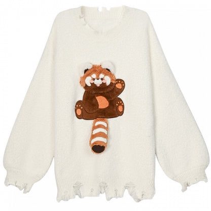 White Cute Red Panda Adorned Distress Trim Loose Sweater