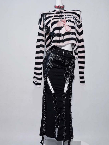 Black Punk Ring Stud Pin Detail Thigh-high Slit Mermaid Skirt with Buckle Belt