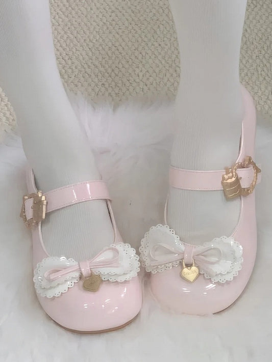 Multi-layer Cake Bows Light Pink Buckle Low Heels with Sweet