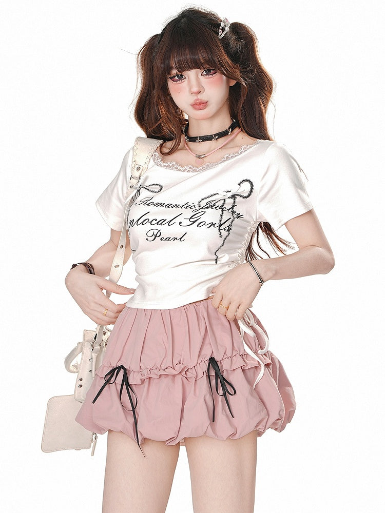 Grey Letters Print Drawstring Waist T-shirt