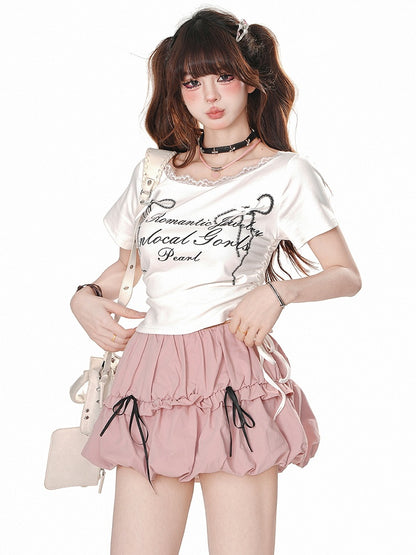 Grey Letters Print Drawstring Waist T-shirt