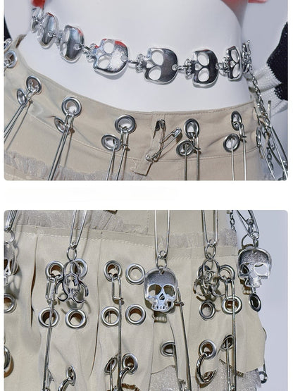 Punk Khaki Asymmetrical Hem Pin Skeleton Cross Skirt