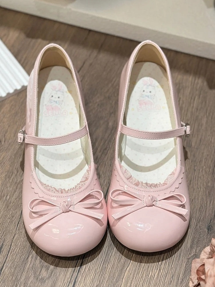Bow Trim Pink Jane Round - Knotted Top Shoes Sweet Lace Lolita Low-heel Toe Mary