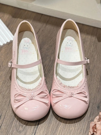 Bow Trim Pink Jane Round - Knotted Top Shoes Sweet Lace Lolita Low-heel Toe Mary