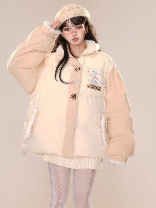 Creamy Yellow Cute Bunny Plush Trim Puffer Jacket