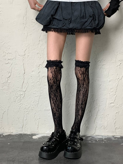 Overknee Design Black Cuff Ruffled Hollow-out Fashion Gyaru Stockings