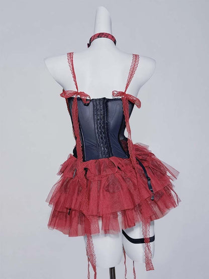 Gothic Black&Red Lace Trim Rosette Beaded Chain Corset Cami Top+ Tiered Skirt
