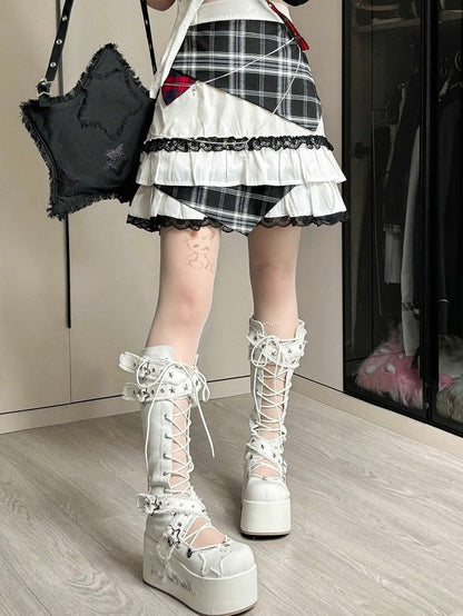 Skirt Tiered Jirai Plaid Kei Trim Lace Idol White
