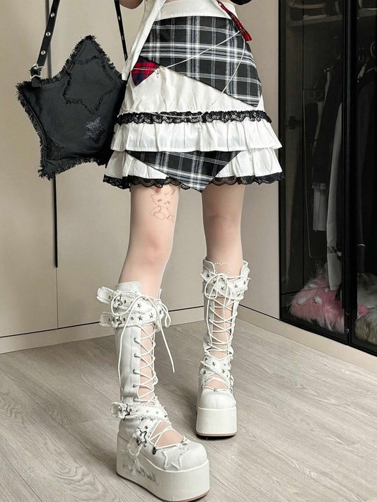 Skirt Tiered Jirai Plaid Kei Trim Lace Idol White