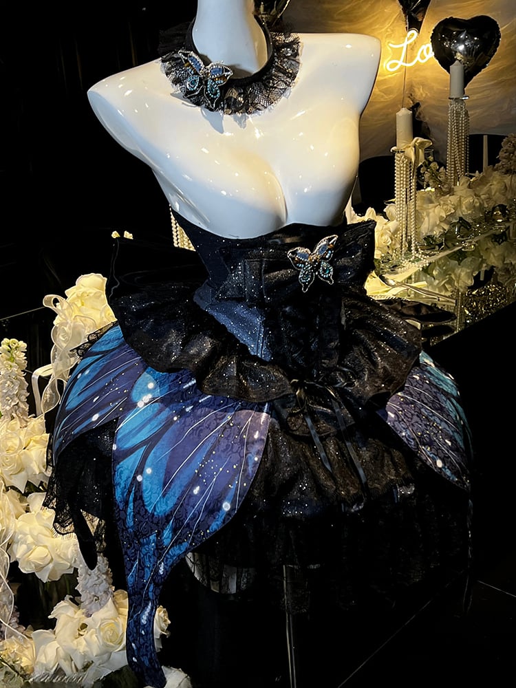 Corset + jupe à ailes de papillon féeriques bleu nuit scintillantes sous la poitrine
