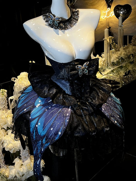 Corset + jupe à ailes de papillon féeriques bleu nuit scintillantes sous la poitrine