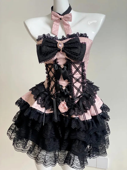 Black and Pink Lace-up Princess Strapless Corset Top / Black Lace Bloomers