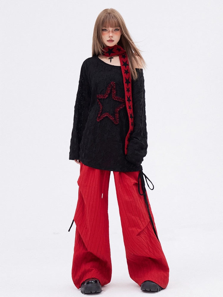 Black Star  Long Sleeves Drawstring T-shirt