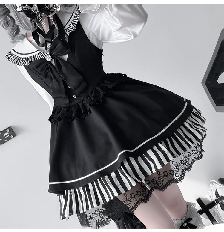 Black JiraiKei Two-Piece Set Sailor Collor Blouse High Waist Lace Trim Overall Dress