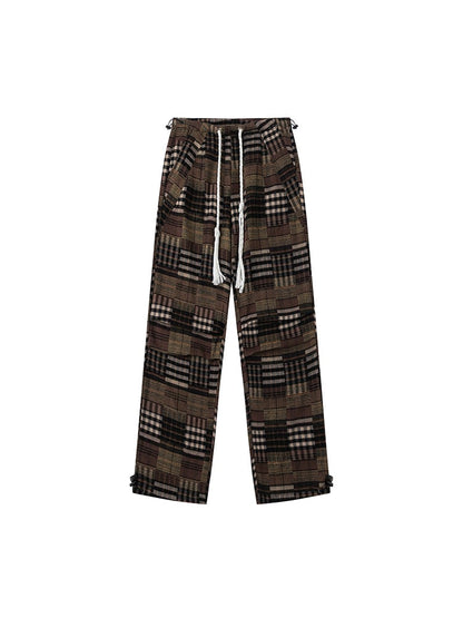 Patchwork Drawstring with Pants Waist Plaid Brown