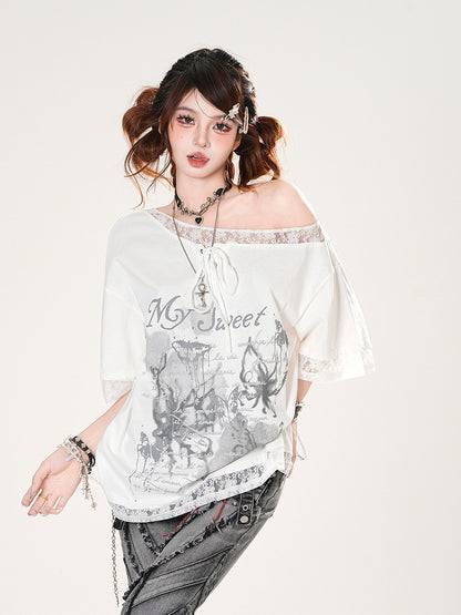 Loose Asymmetrical Neckline Lace Trim Butterfly Print Black/White T-shirt