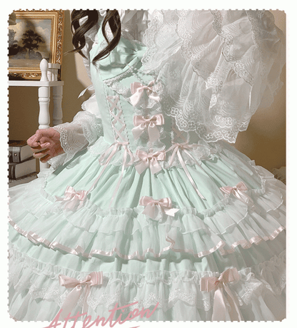 Lace-up Waist Lace Trim Sleeves Old School Lolita Cotton Green Mint Jumper Flutter Skirt Dress