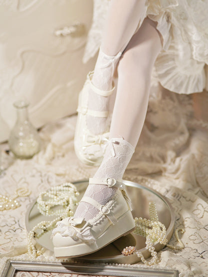 White Bow Milky Buckles at Platforms Lace Trim Top Heart