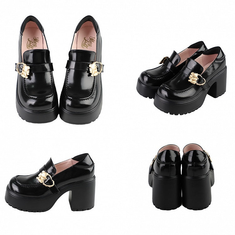 Polished Block Buckles High Bear Platform Slipons Black Heels Hugging Heart
