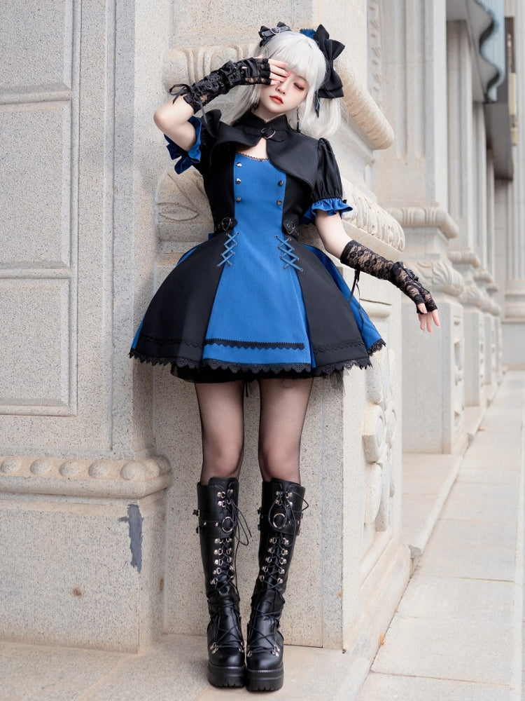 Black and Dark Blue Punk Idol Lolita Dress Lolita Cropped Top Set