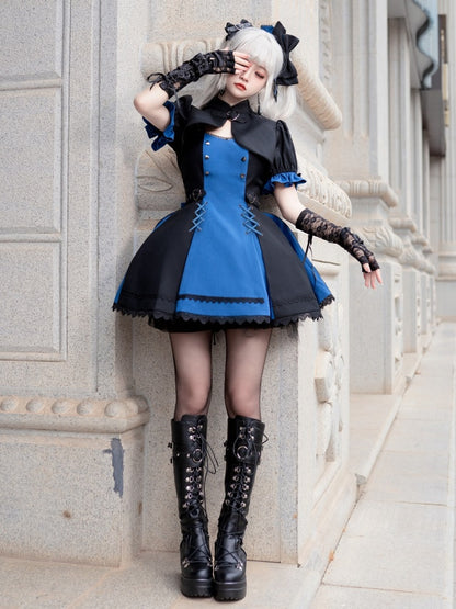 Black and Dark Blue Punk Idol Lolita Dress Lolita Cropped Top Set