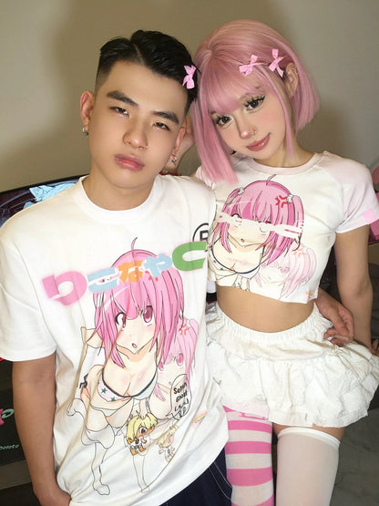 Neck Girl Print Loose White Round T-Shirt Cartoon