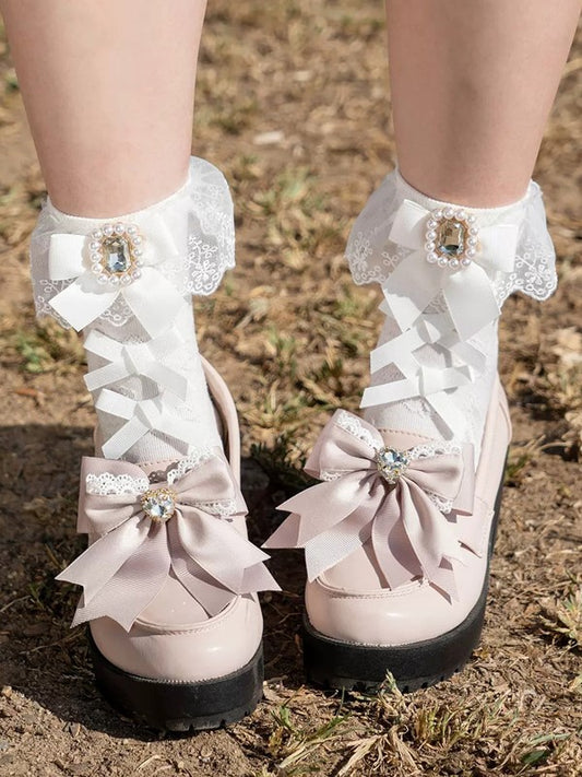 Cuffs Socks Rhinestone Bowknot Kei Jirai Lace Calf Details White/Black