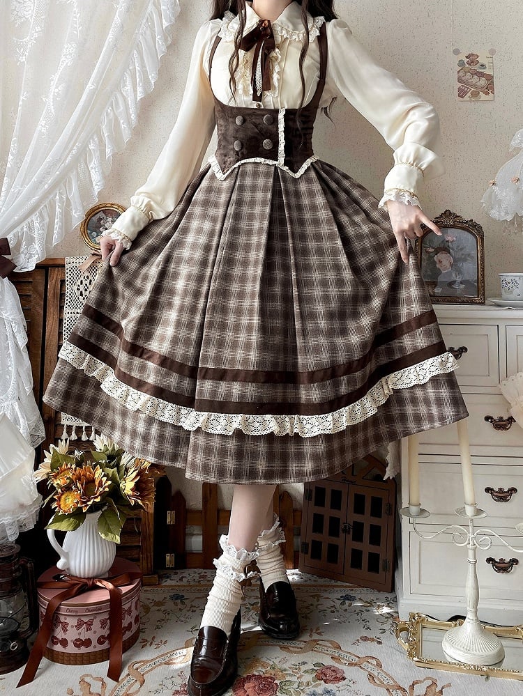 Brown Under Bust Plaid Pattern Lolita Dress Lolita Jumper Skirt