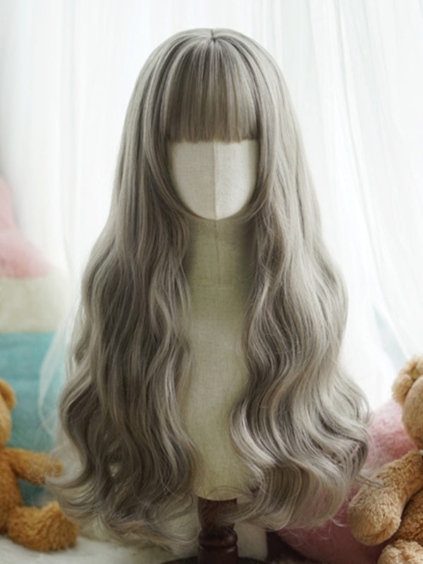 Black/White/Light Blonde/Blonde/Caramel/Grey Waist Length Wavy Wig With Full Bangs