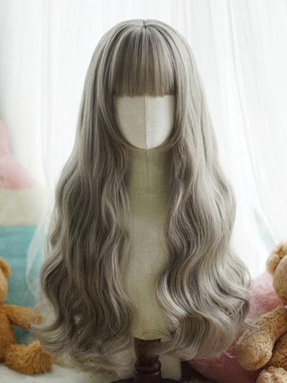 Black/White/Light Blonde/Blonde/Caramel/Grey Waist Length Wavy Wig With Full Bangs