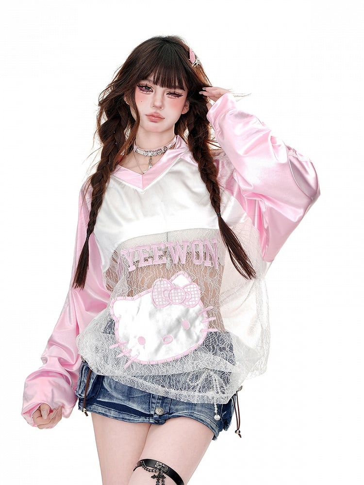 Kitty Pattern Contrast Lace Patches V-Neck Loose Sweatshirt