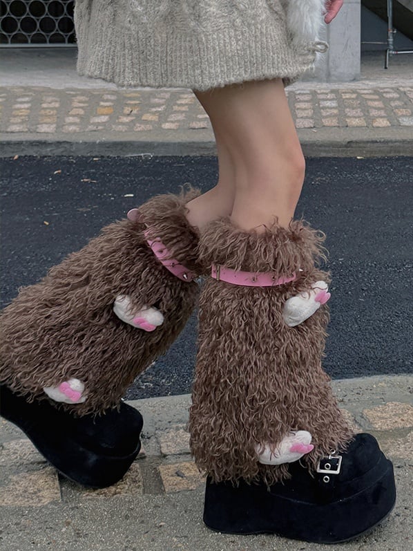 White/Pink/Coffee Stud Shaggy Leg Warmers With Kitty Plushie