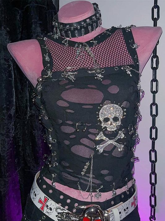 Details And Rhinestone Sleeveless Pin Top Skeleton Punk Black Cutout Decorated