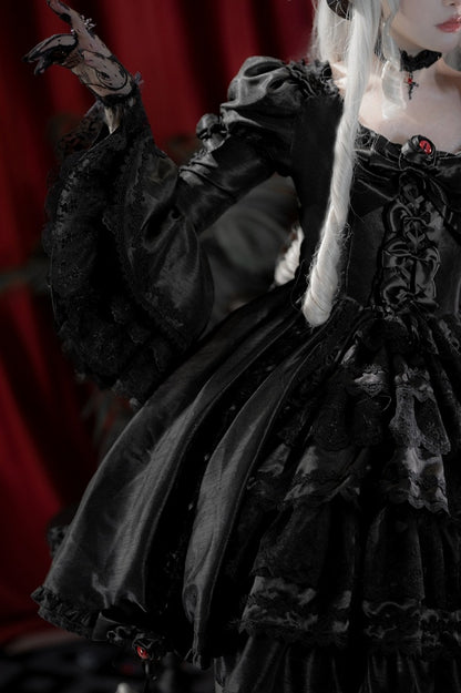 Kuro Drawstring Dress Bell Sleeves Skirt Gothic Black Bowknot Lolita Details and Layered
