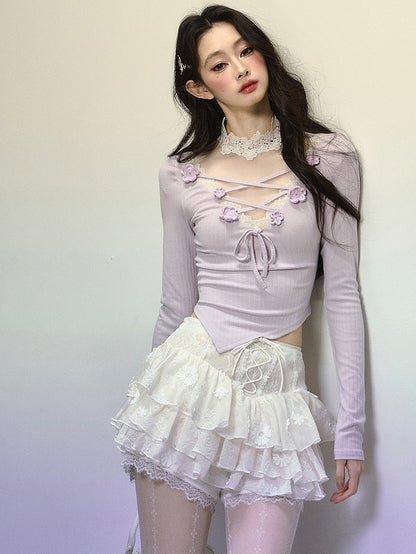 Purple Illusion Neckline Criss-cross Straps Floral Embellished Top Asymmetrical Hem