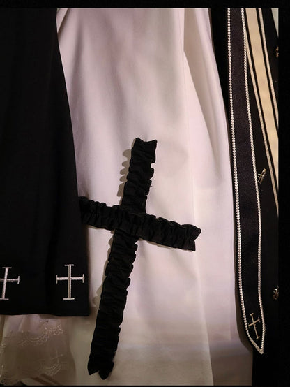 White and Black Nun Lolita Dress Full Set-Bell Sleeves Nun Dress + White Cape + Black Bow Accessory