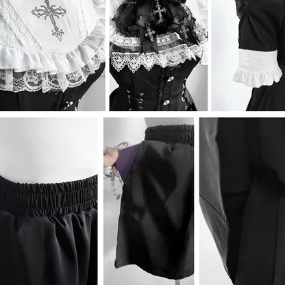 with Style Short Jirai - Sleeve and Bib Kei White Dress Tie Set Black Nun Bow