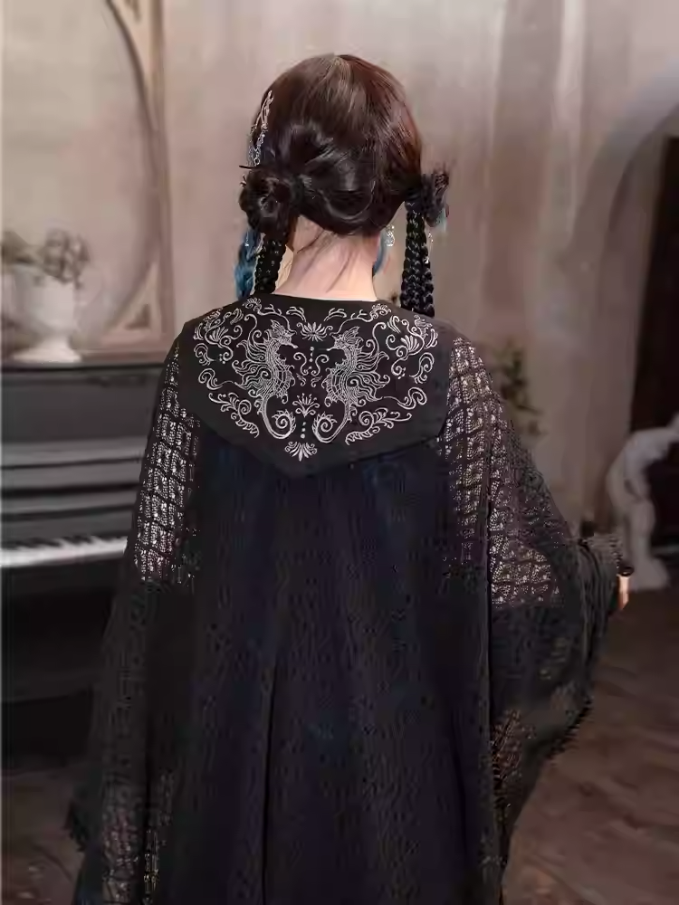 Tassel Embroidery Hem Black Cheongsam Cape Cardigan Style Detachable Seahorse with and Collar Hollow-out Coral