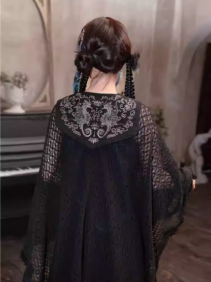 Tassel Embroidery Hem Black Cheongsam Cape Cardigan Style Detachable Seahorse with and Collar Hollow-out Coral