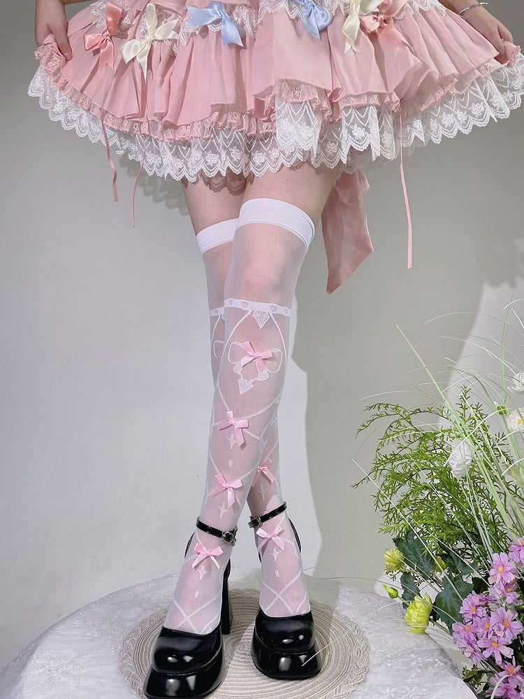 Bas semi-transparents au-dessus du genou avec nœud blanc et rose
