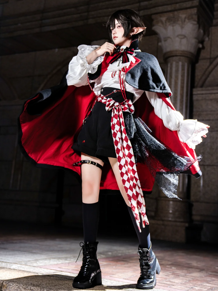 Black and Red Vampire Ouji Lolita Dracula Outfit Shirt + Shorts + Cloak Gothic Lolita Full Set