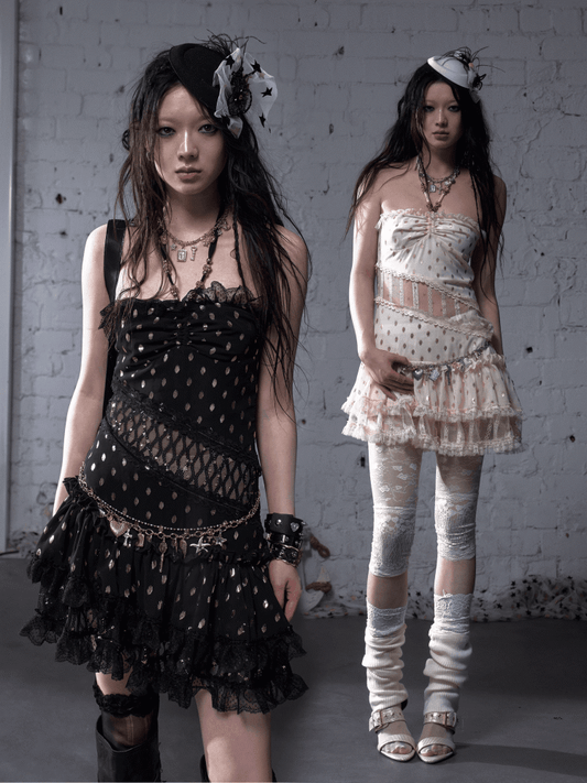 Beige/Black Neck Waist Polka-dot Vintage Halter Lace Patches