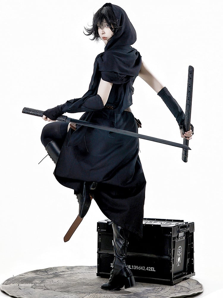 Shawl Gray Dress Sleeves Thigh-high Sleeveless Belt Slit Black Shorts + and Hood