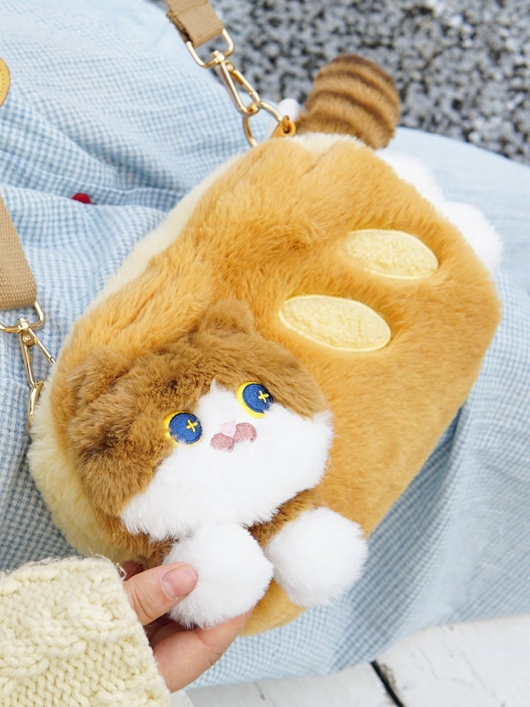 Cute Cat-shaped Brown Plush Crossbody Bag