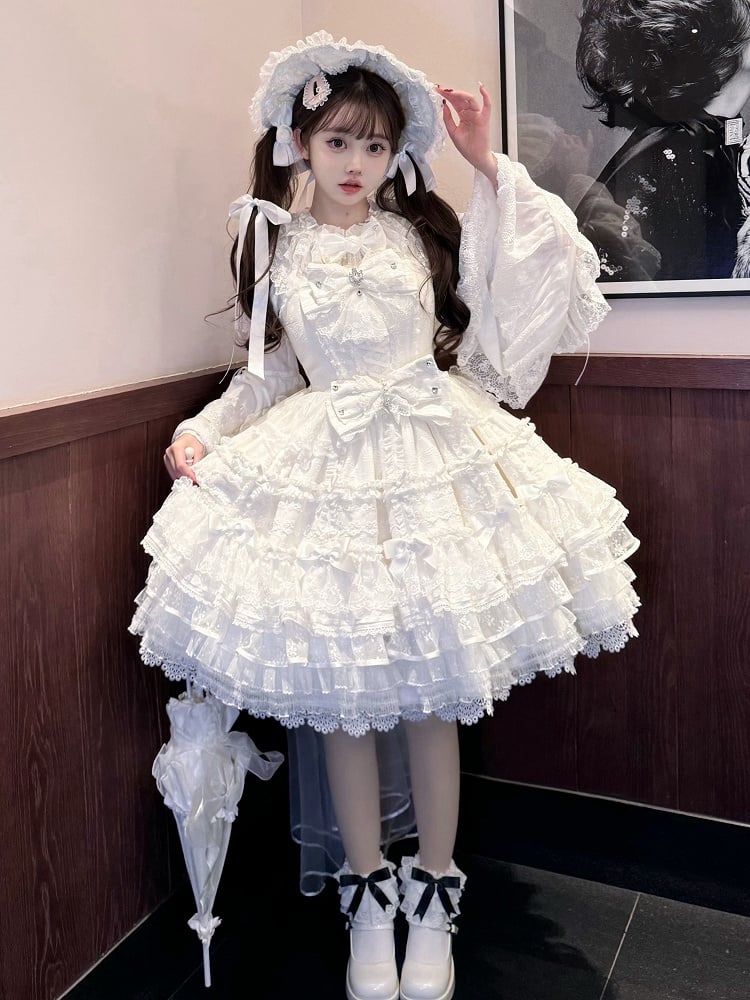 White Layered Skirt Shiro Hanayome Dress Sweet Hime Lolita Jumper Skirt with Removable Bows