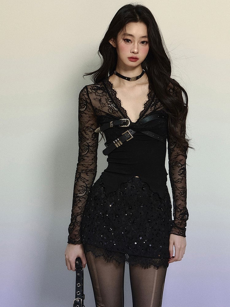 Black Sequins Detail Lace Trim Mini Skirt