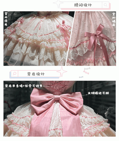 Bow Sweet Lolita Dress Flutter Pink Lace-up Bodice High Waist Sleeves with Big Jumper Skirt Detachable